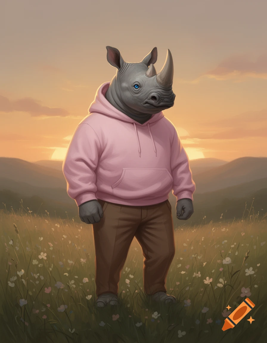An anthropomorphic rhino with blue eyes, wearing a pink hoodie and brown pants, stands in a field of wildflowers at sunset.