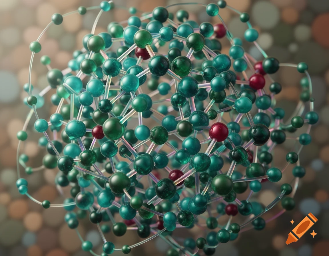 A detailed atomic model featuring green, teal, and red spheres connected by translucent rods against a blurred background.