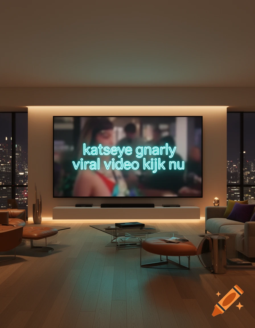 A modern living room at night, with a large television displaying glowing blue text 'katseye gnarly viral video kijk nu' over a blurry video.