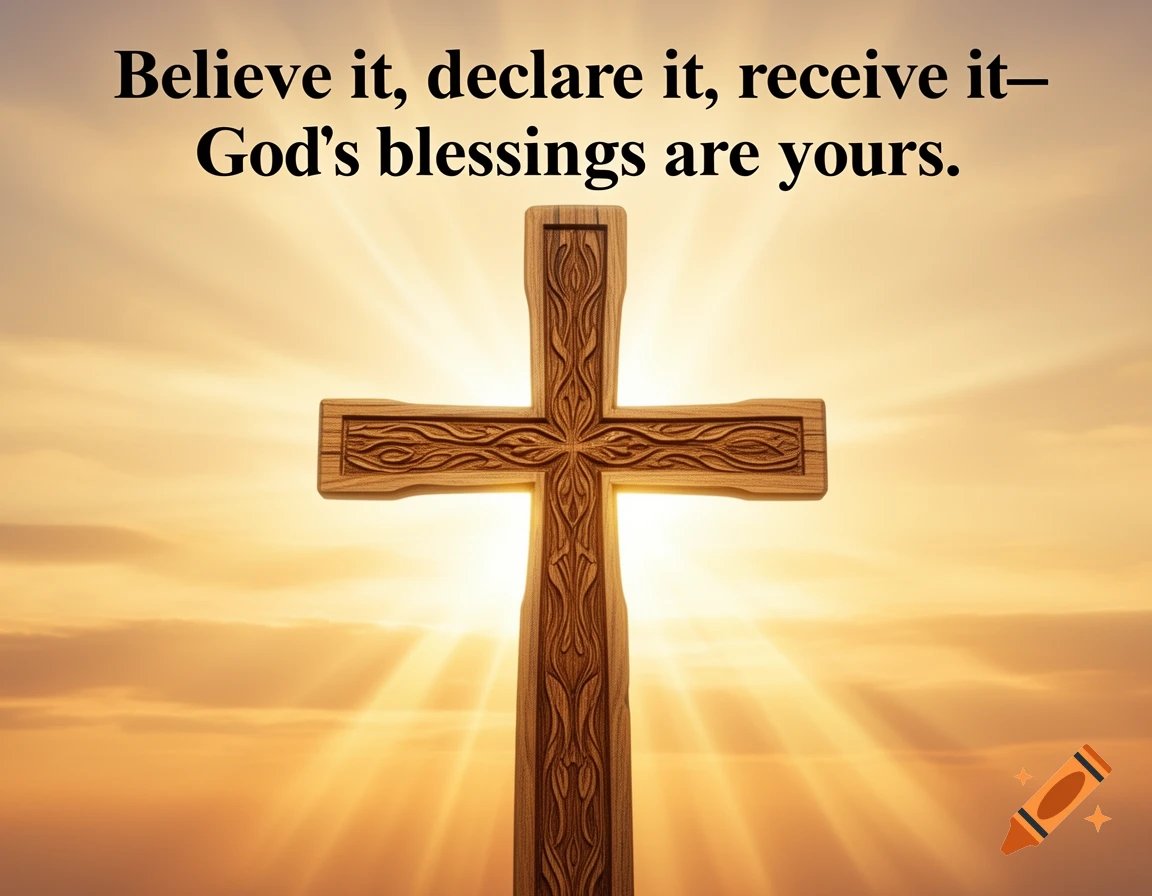 A photorealistic wooden cross with intricate carvings stands against a bright, glowing sky with sun rays. Text reads: "Believe it, declare it, receive it God ’s blessings are yours."