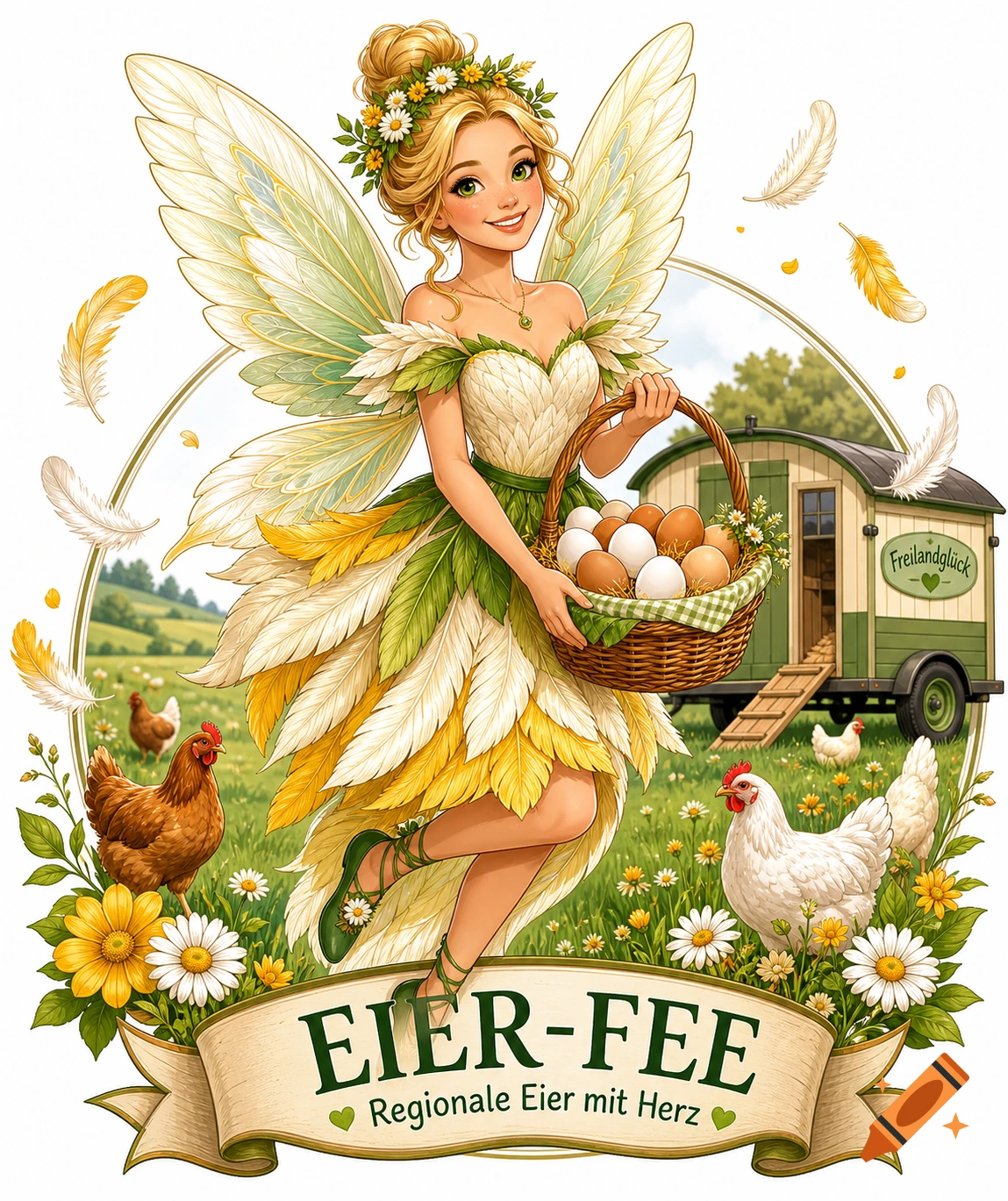 Cartoon illustration of a blonde egg fairy holding an egg basket, standing in a meadow with chickens and a coop. Text reads 'EIER-FEE Regionale Eier mit Herz' and 'Freilandglück'.