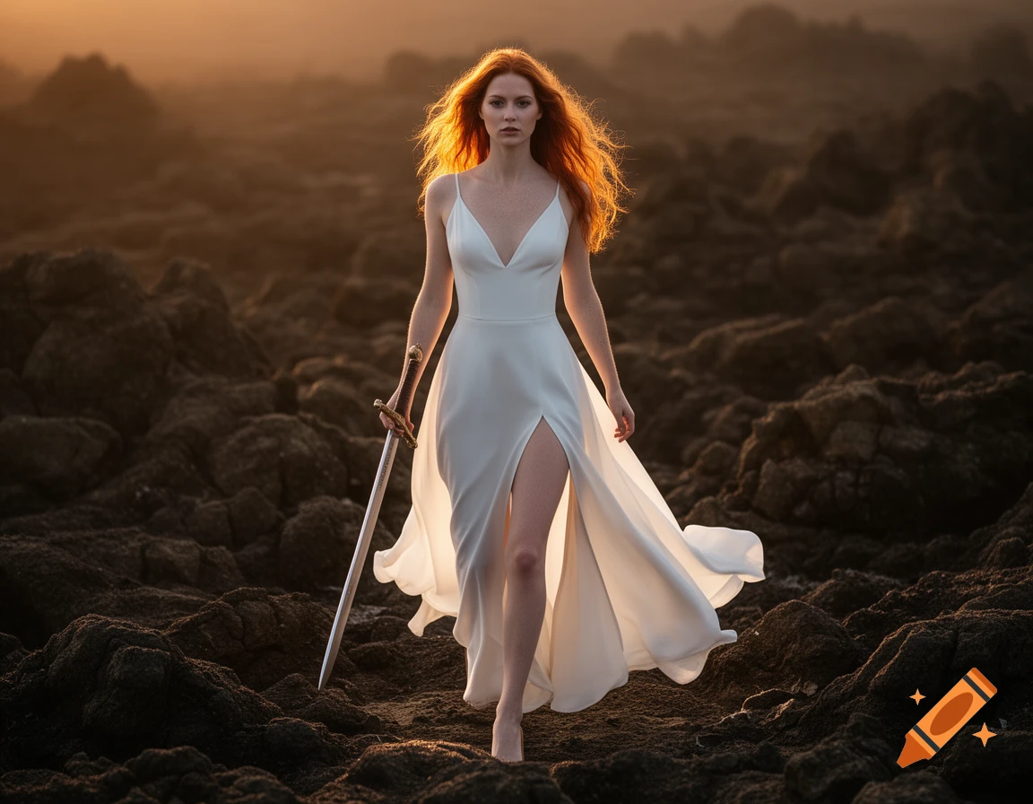 A red-haired woman in a flowing white dress with a thigh-high slit walks barefoot on rocky terrain at sunset, holding a broadsword.