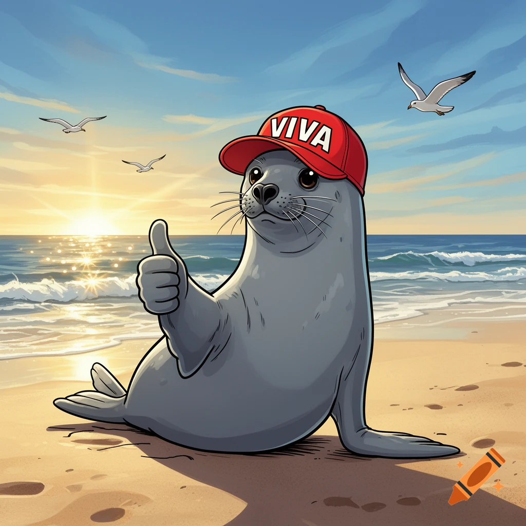 A cartoon seal wearing a red 'VIVA' cap gives a thumbs up on a sunny beach with seagulls flying.