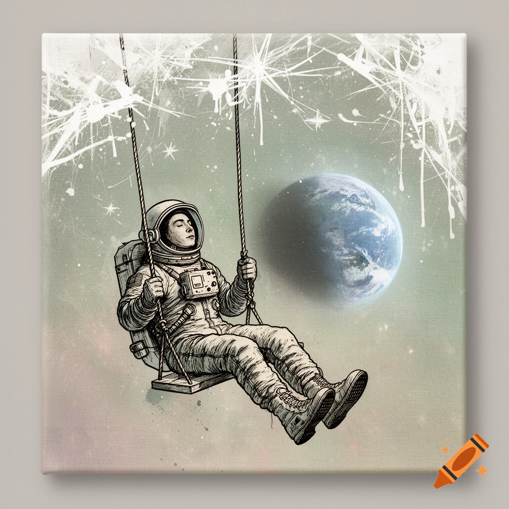 Sketchy ink drawing of an astronaut on a swing in ethereal outer space, with Earth visible in the background, mixed-media art style.