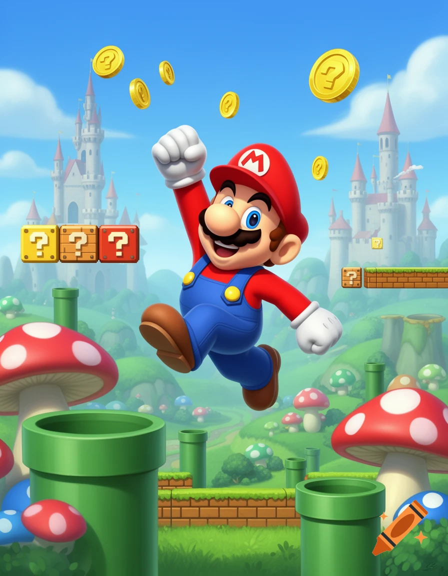 Super Mario jumps in a vibrant cartoon landscape with castles, pipes, mushrooms, and floating coins.