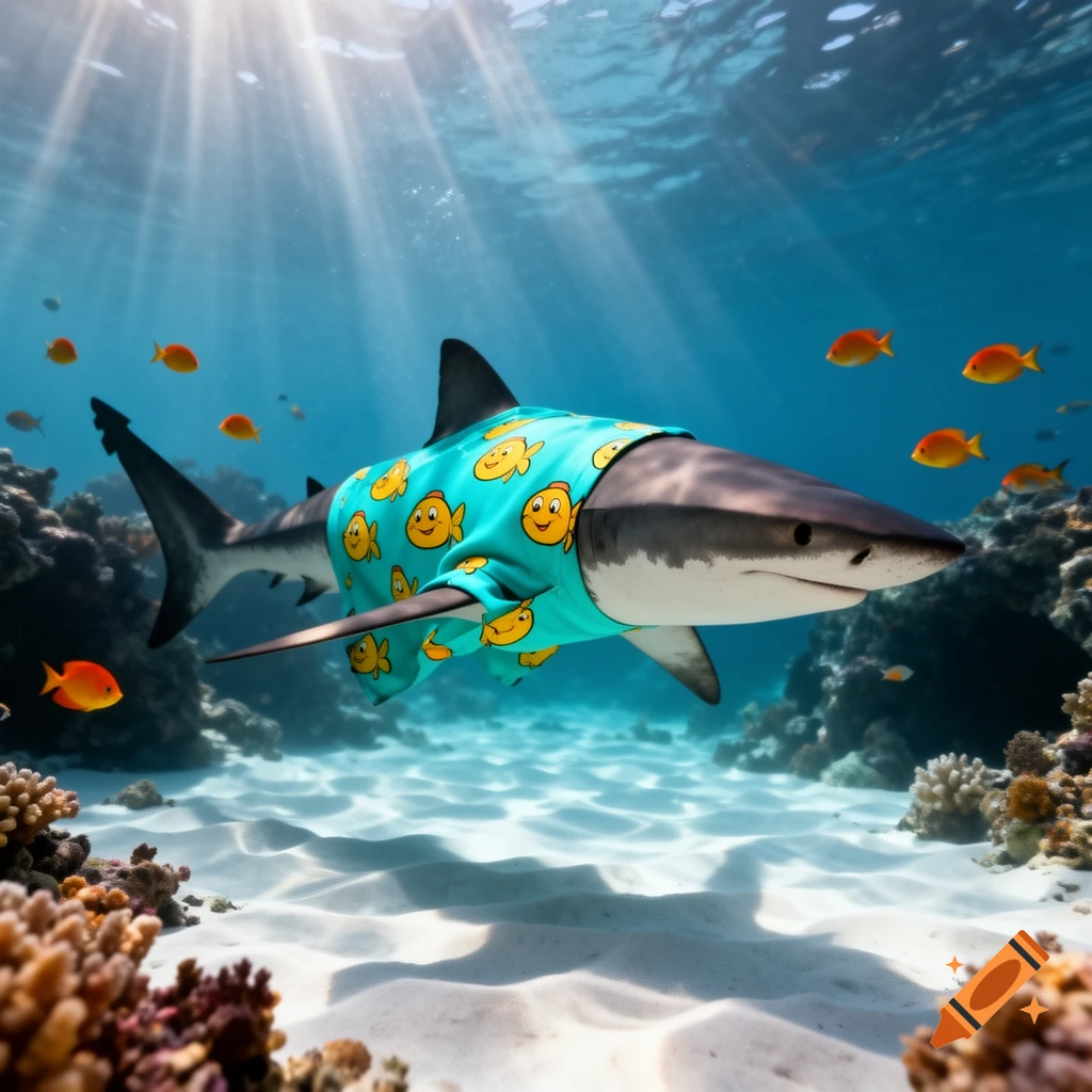 A shark in a turquoise shirt with yellow fish patterns swims underwater amidst sun rays, small orange fish, and coral reefs.