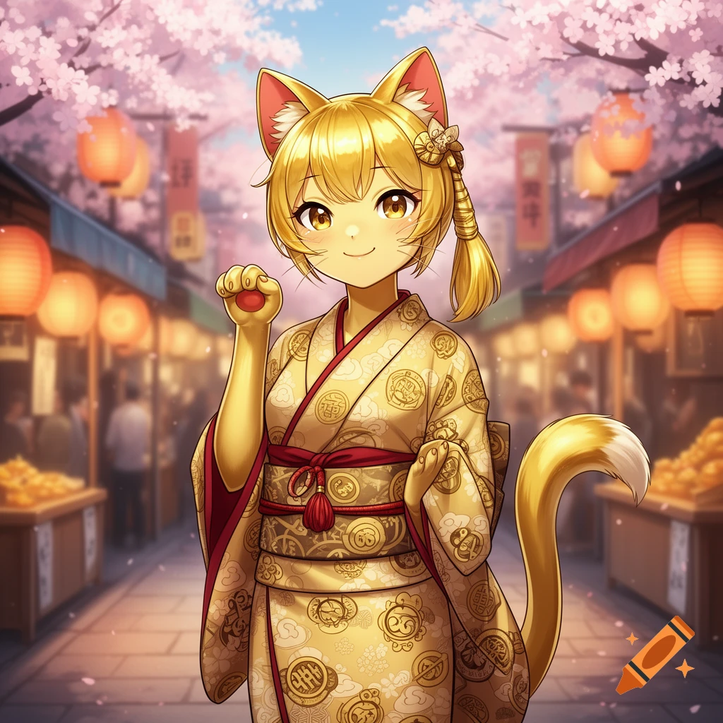 Anime golden catgirl in a patterned kimono waves a paw, standing in a cherry blossom-filled Japanese street.
