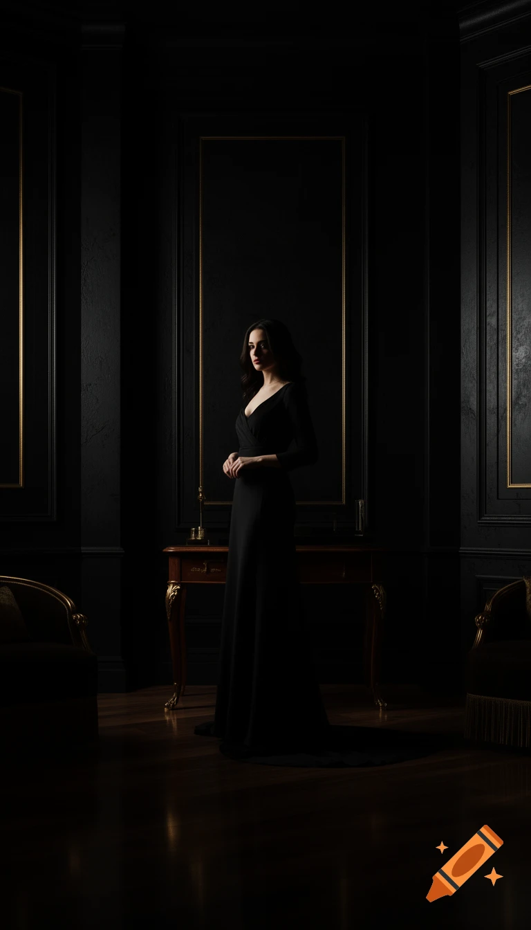A woman in a black dress stands in a dark, luxurious room with gold accents under moody cinematic lighting.