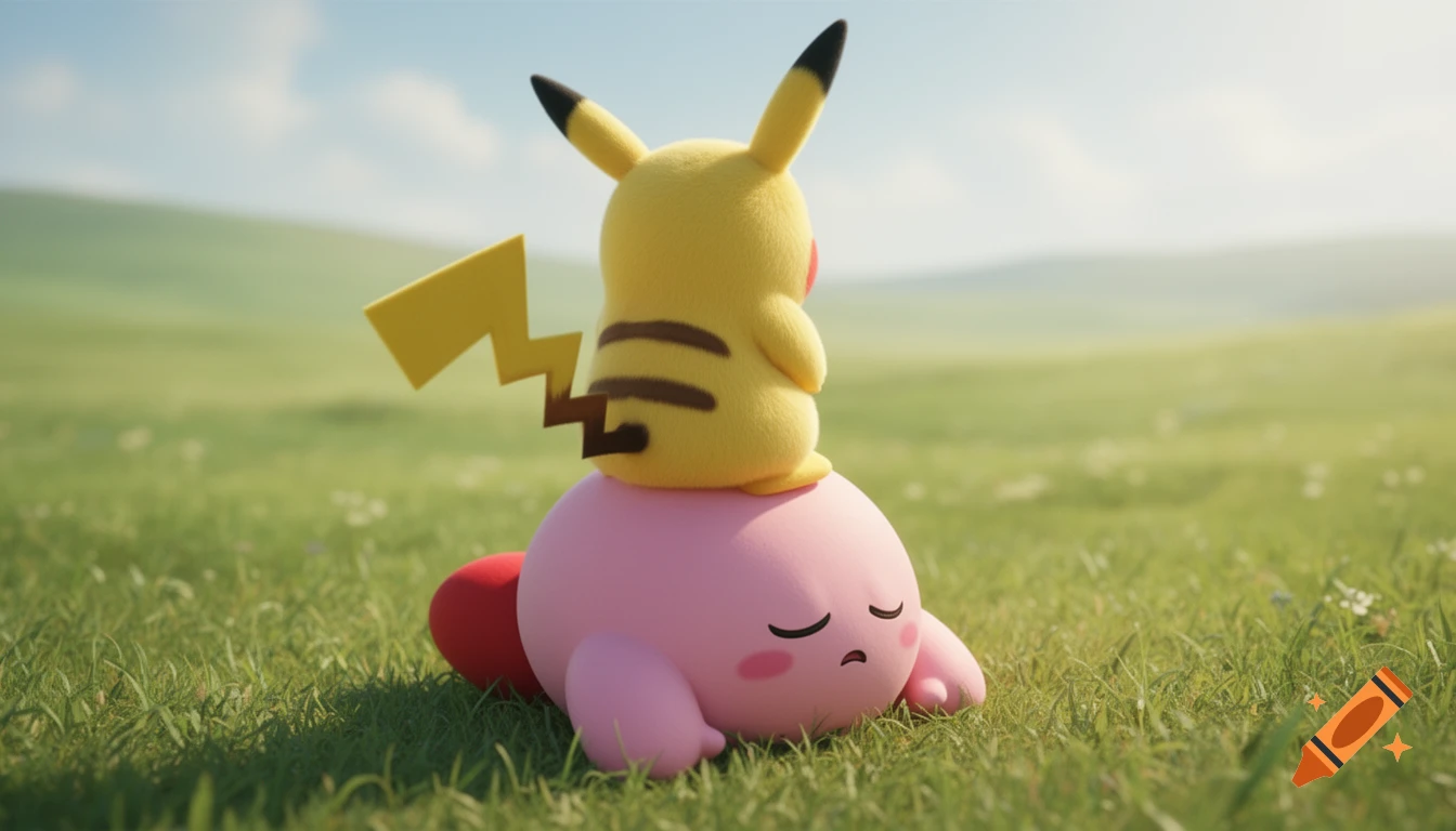 Pikachu sits on Kirby's back in a sunny grassy field, with Kirby looking defeated, rendered in a soft, painterly style.