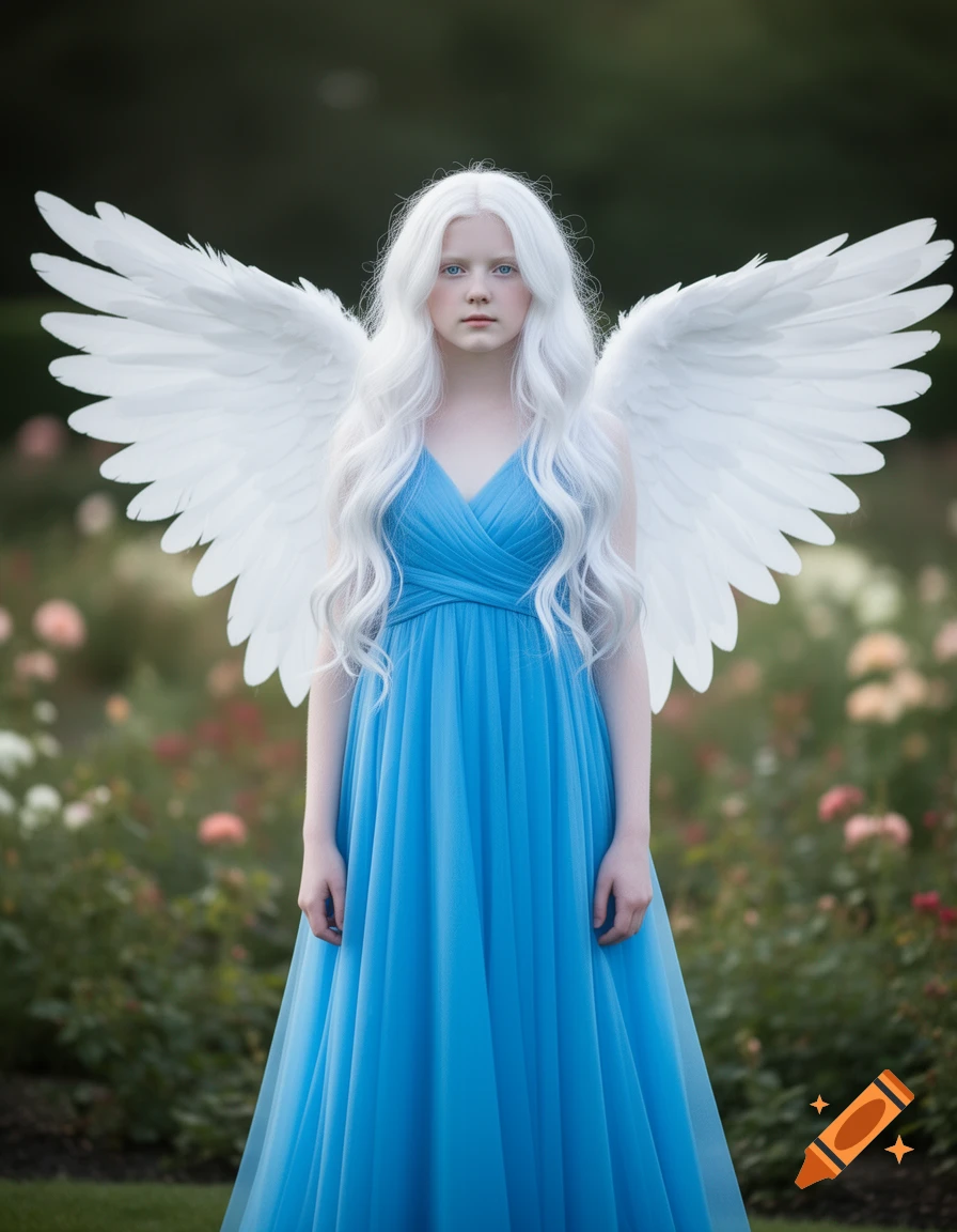 A young woman with long white hair and large white wings, wearing a blue dress, stands in a garden with blurred flowers.