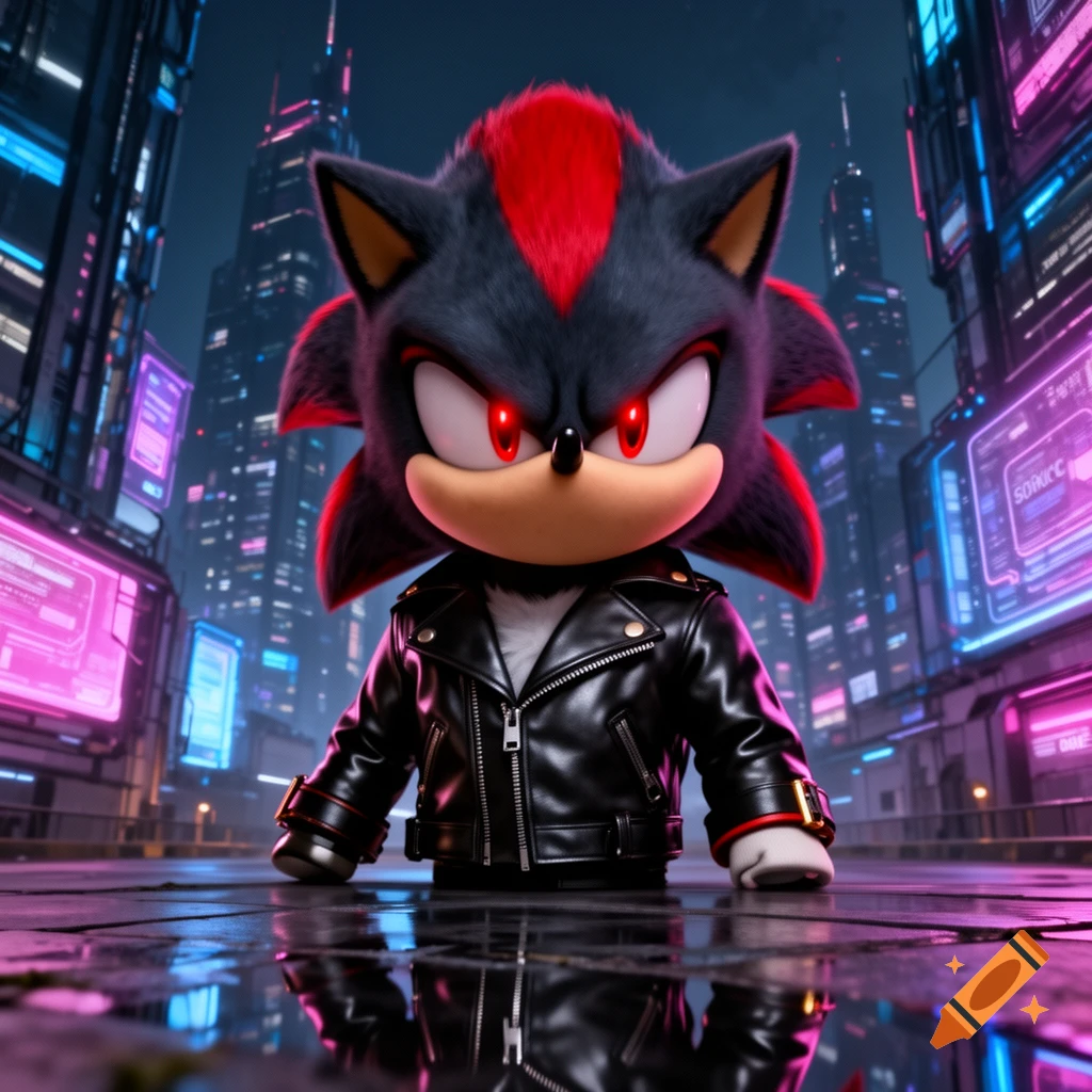 Shadow the Hedgehog in a black leather jacket with glowing red eyes, standing on a wet street in a futuristic city at night.