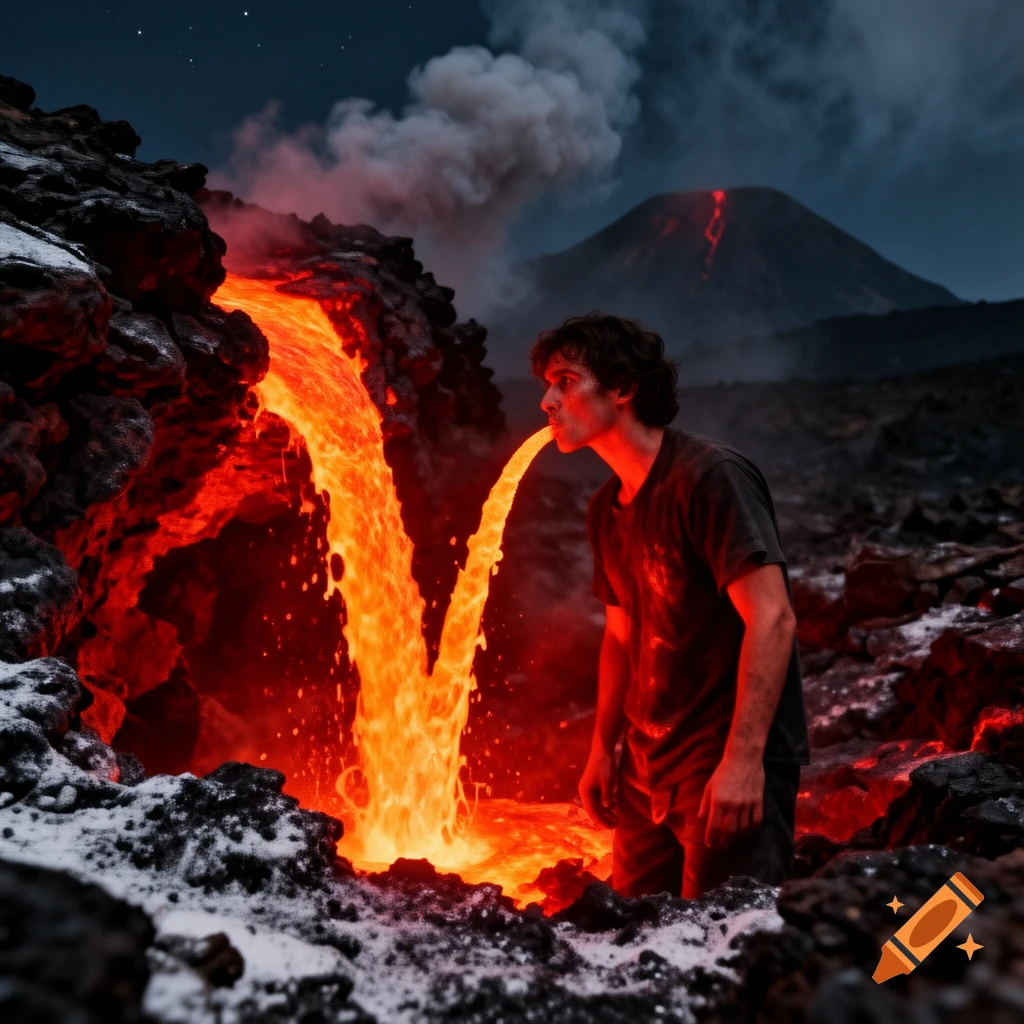 A person drinks a stream of glowing lava from a volcanic eruption at night, with a smoking volcano in the background.