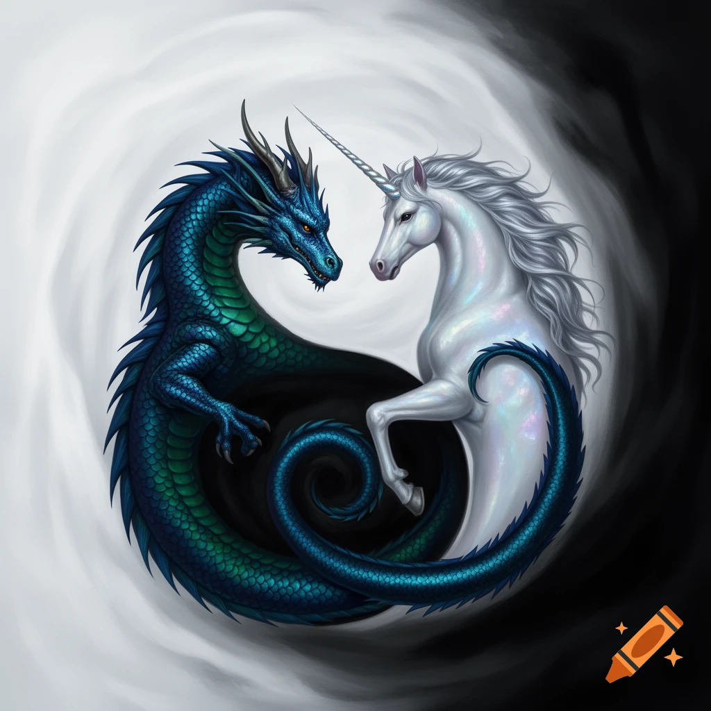 A blue-green dragon and a white unicorn intertwine to form a detailed Yin and Yang symbol against a swirling background.