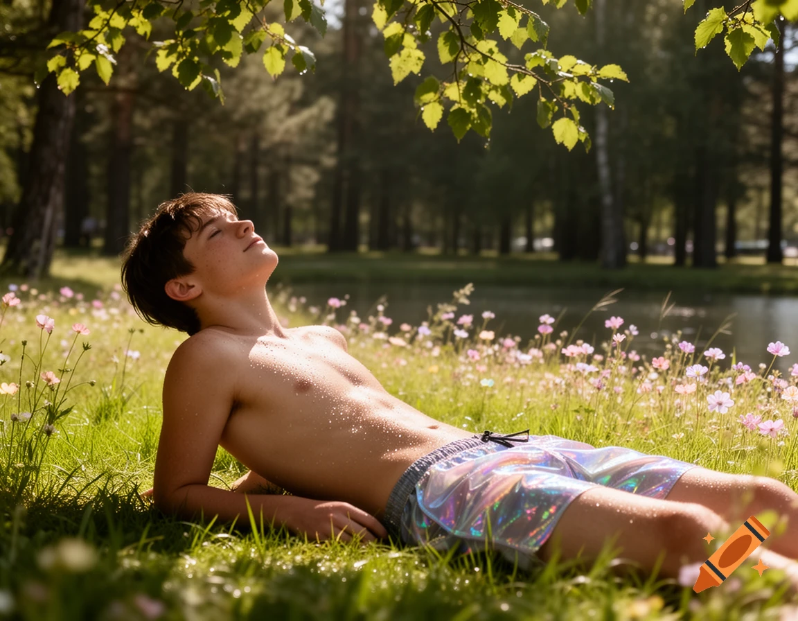 A young boy lies shirtless on sunny grass amidst wildflowers and trees, eyes closed, enjoying the sun.
