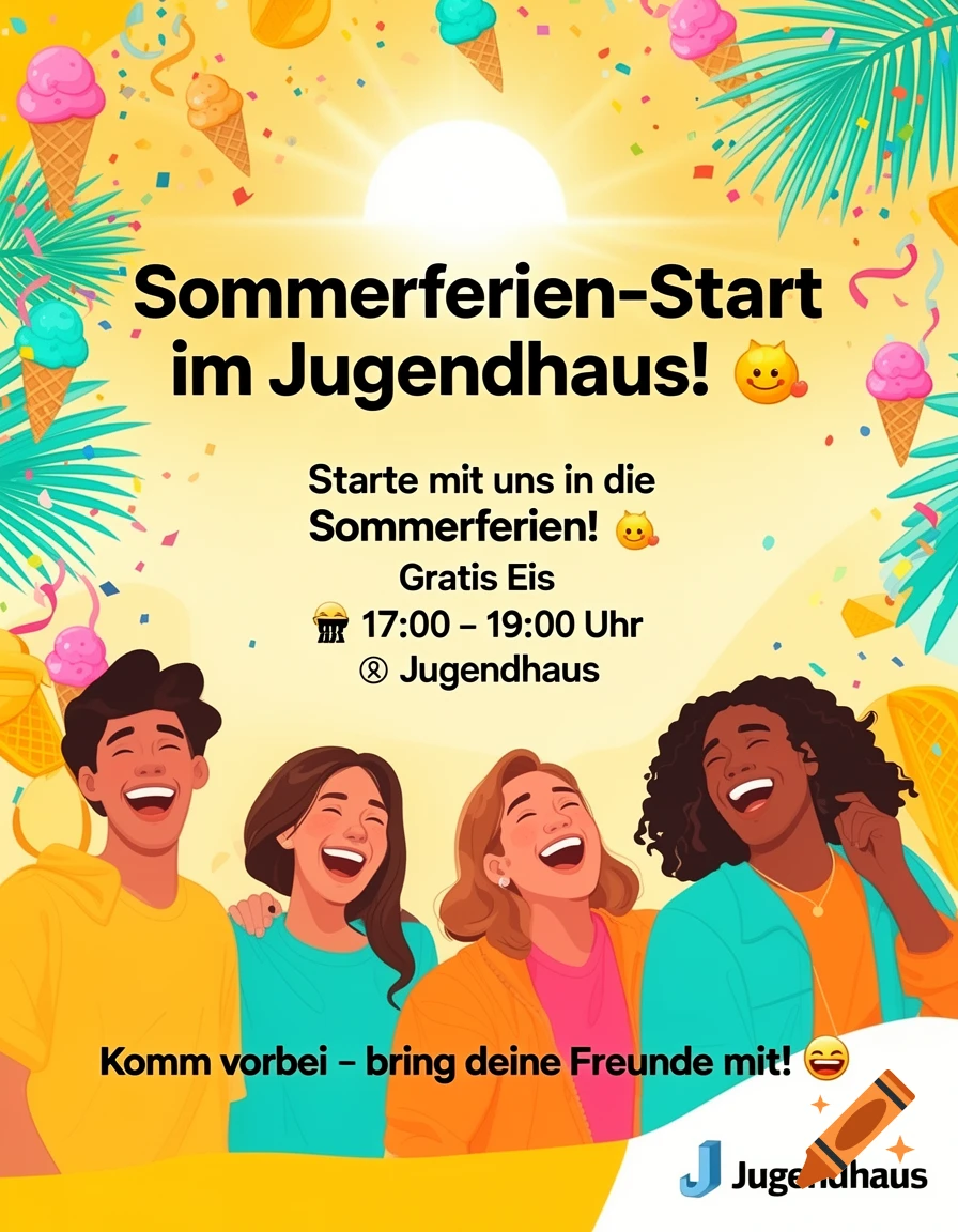 A colorful summer flyer for a youth center event with laughing teenagers, ice cream, palm leaves, confetti, and event details.