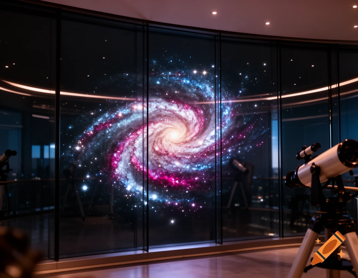 A vibrant pink and blue spiral galaxy is viewed through a large window, with a telescope visible in the foreground inside the room.