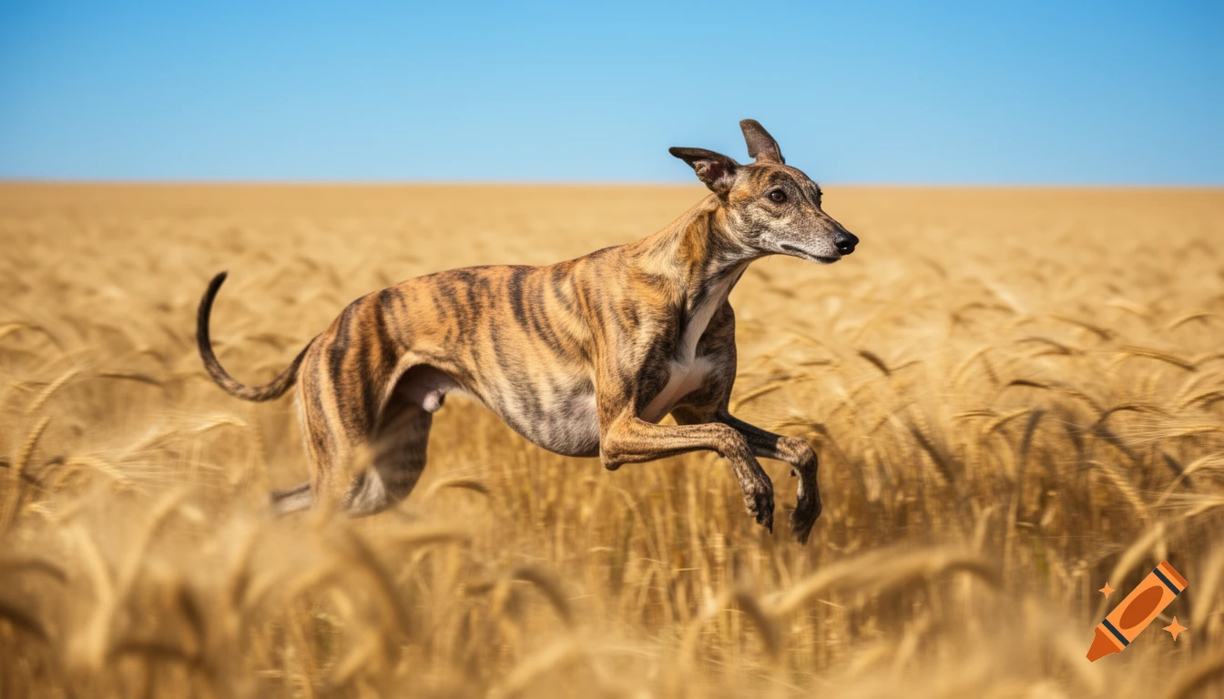 A brindle greyhound leaps through a golden wheat field under a clear blue sky.