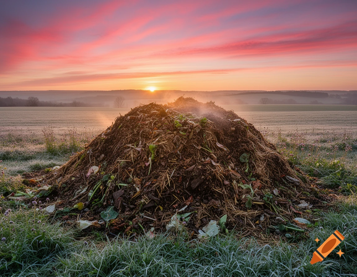 A large, steaming compost pile in a frosty field under a vibrant pink and orange sunrise.