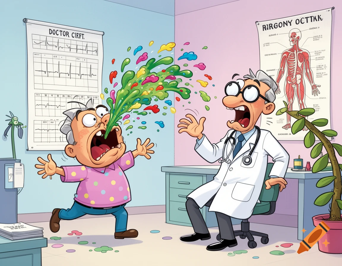 Cartoon patient projectile vomits colorful liquid onto a surprised doctor in a brightly lit medical office.