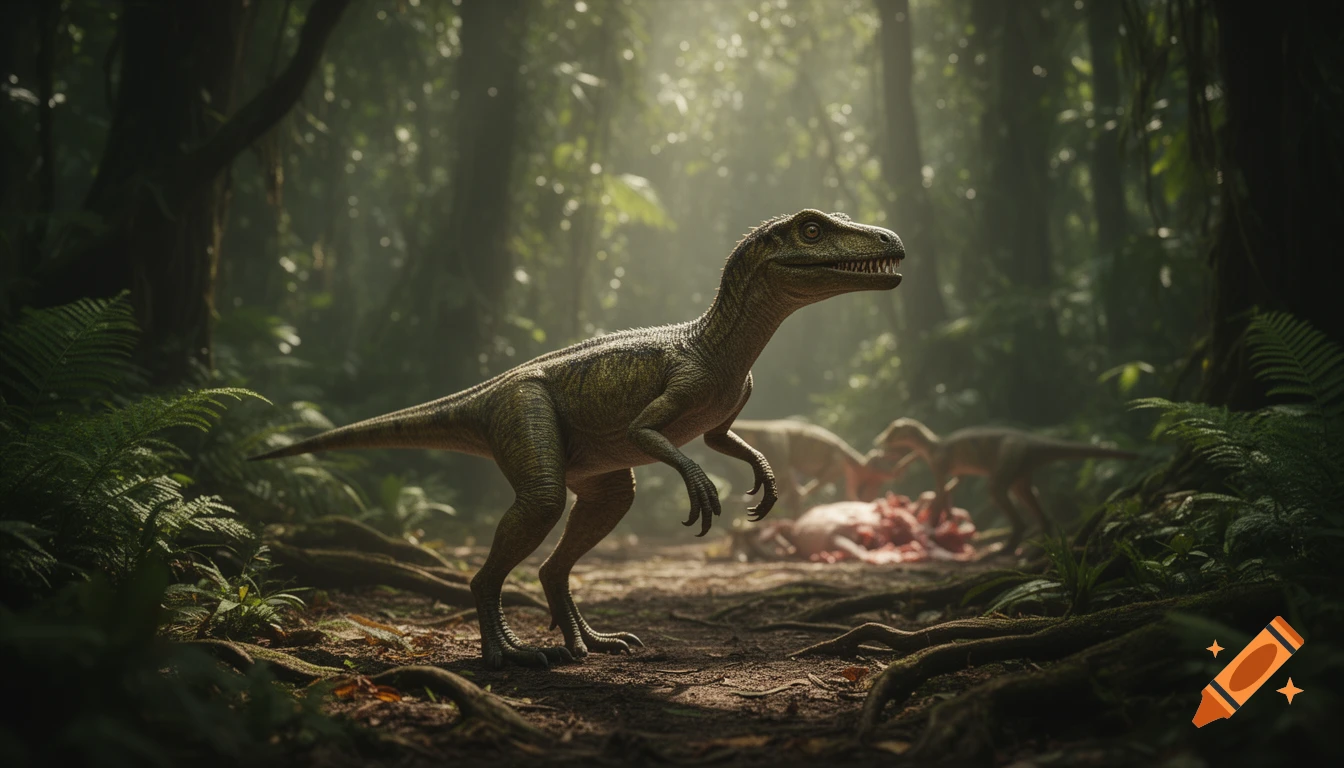 An ultrarealistic Compsognathus stands in a sunlit tropical forest, while others eat a carcass in the misty background.