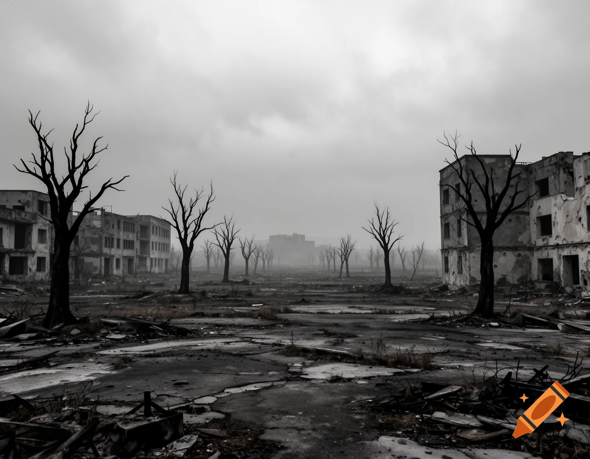 Desolate black and white landscape of bare trees and rundown, abandoned buildings under an overcast sky.