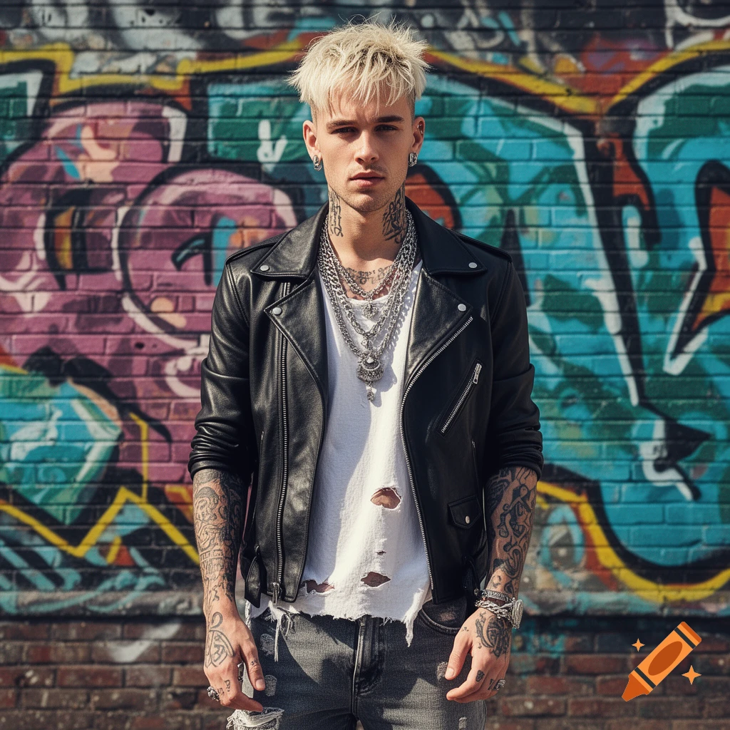 A man with bleached blonde hair, a black leather jacket, ripped white t-shirt, and chains stands in front of a graffiti-covered brick wall.