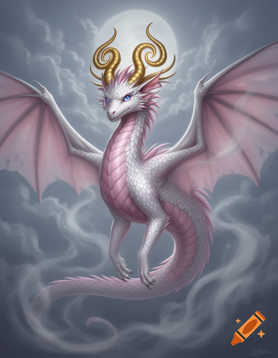 A majestic white and pink dragon with golden curved horns and blue eyes, with outstretched wings, floats among clouds under a full moon.