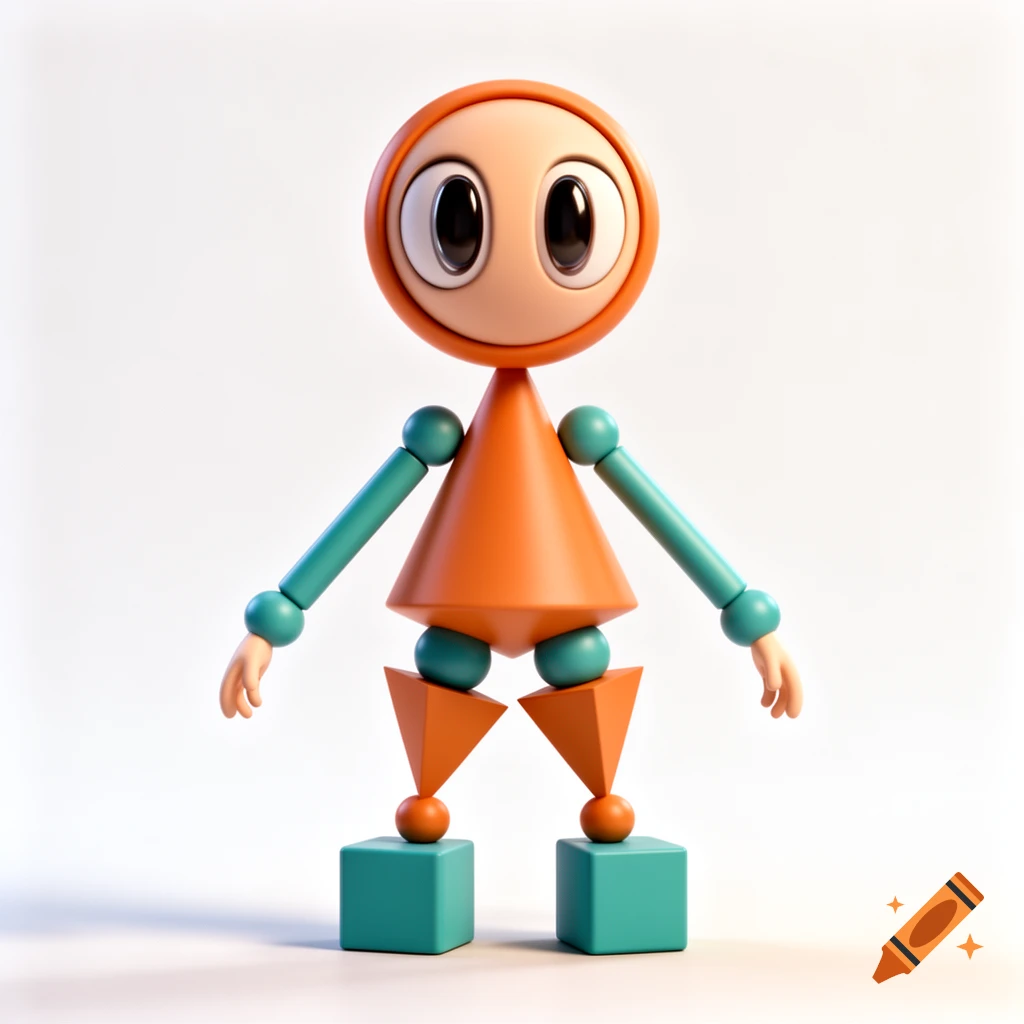 A cute 3D character made of orange and teal geometric shapes: circular head with large eyes, cone body, cylindrical arms, triangular legs, and cube feet, on a white background.