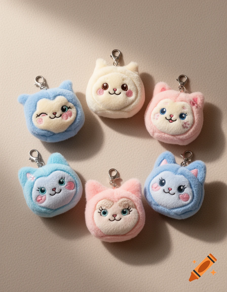 Six fluffy plushie keychains with cute, embroidered faces in pastel pink, blue, and cream colors arranged on a beige surface.