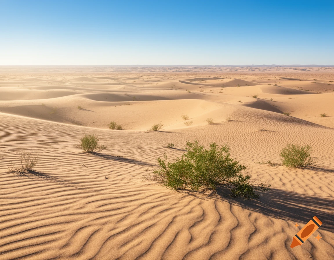 A vast desert landscape under a clear blue sky, featuring rolling sand dunes with rippled patterns and scattered green shrubs.