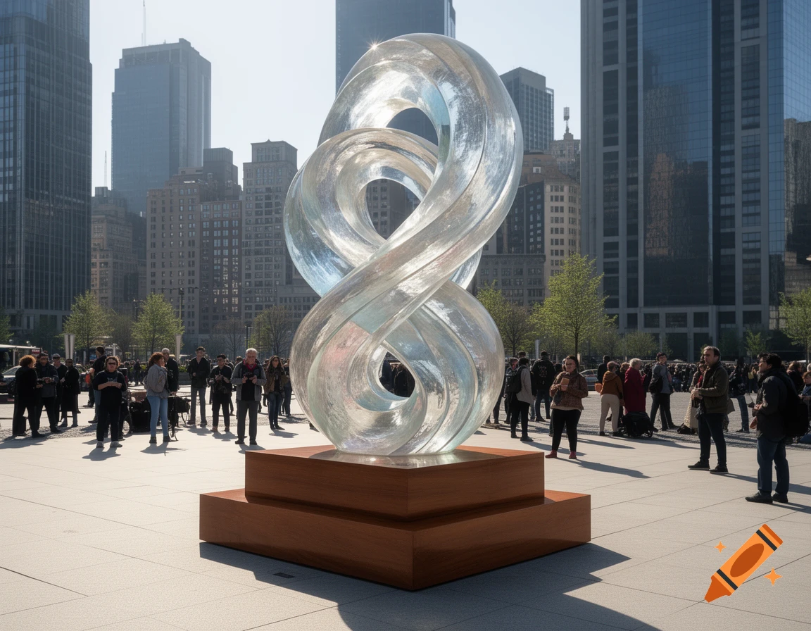 A large, clear glass intertwined sculpture stands in a bustling city square, surrounded by people and tall buildings under a bright sky.