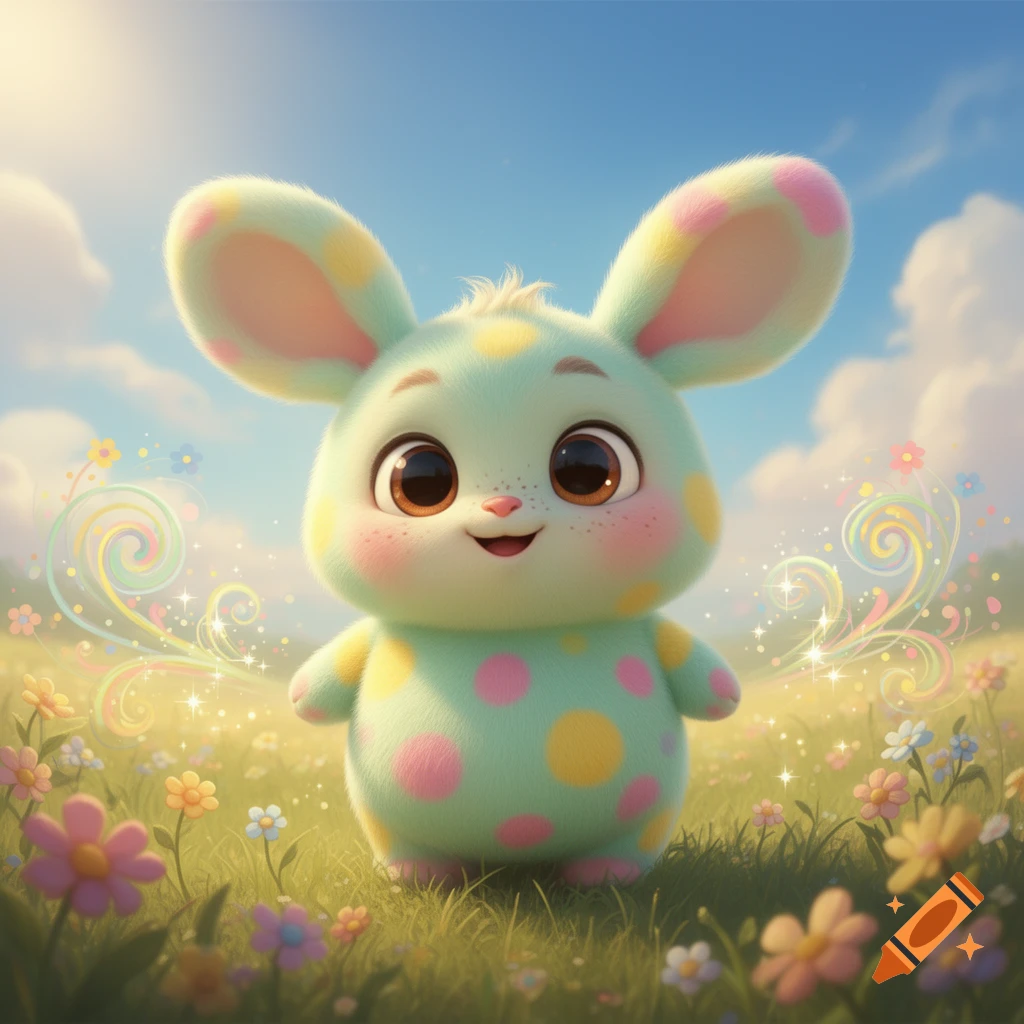 A fluffy, pastel green creature with pink and yellow spots smiles in a sunny field of colorful flowers with whimsical sparkling swirls.