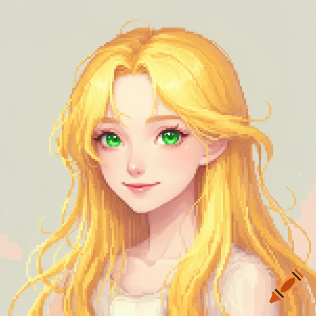 A pixel art portrait of a girl with long blonde hair, bright green eyes, and a gentle smile.