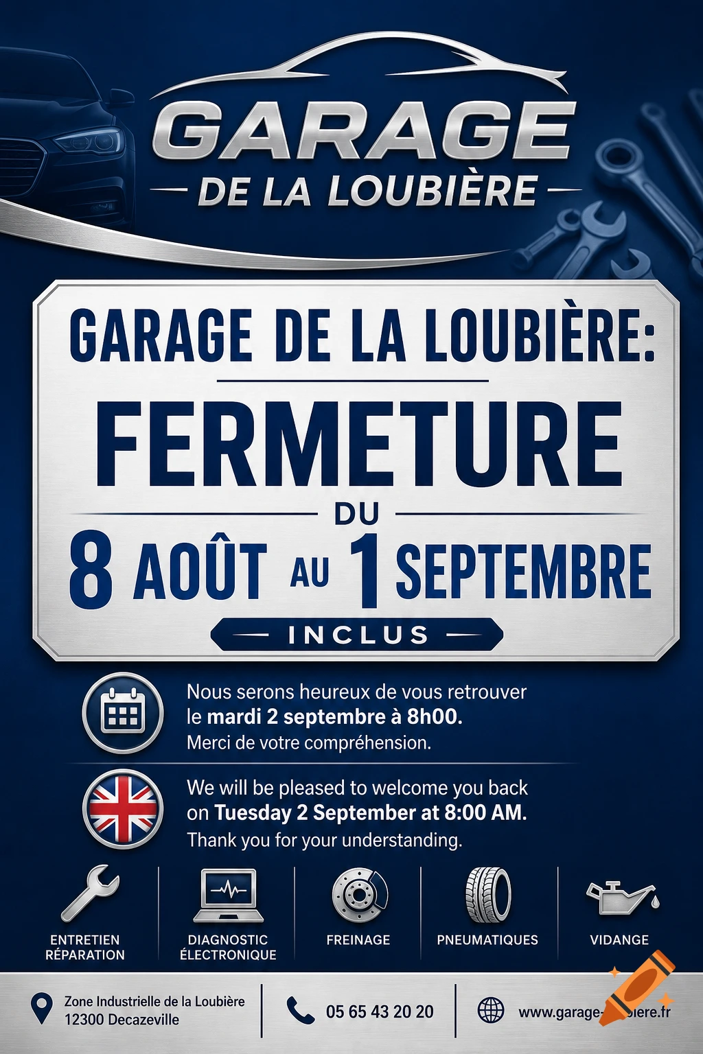 Promotional poster for 'Garage de la Loubière' announcing closure from August 8 to September 1, featuring automotive services and a car graphic.