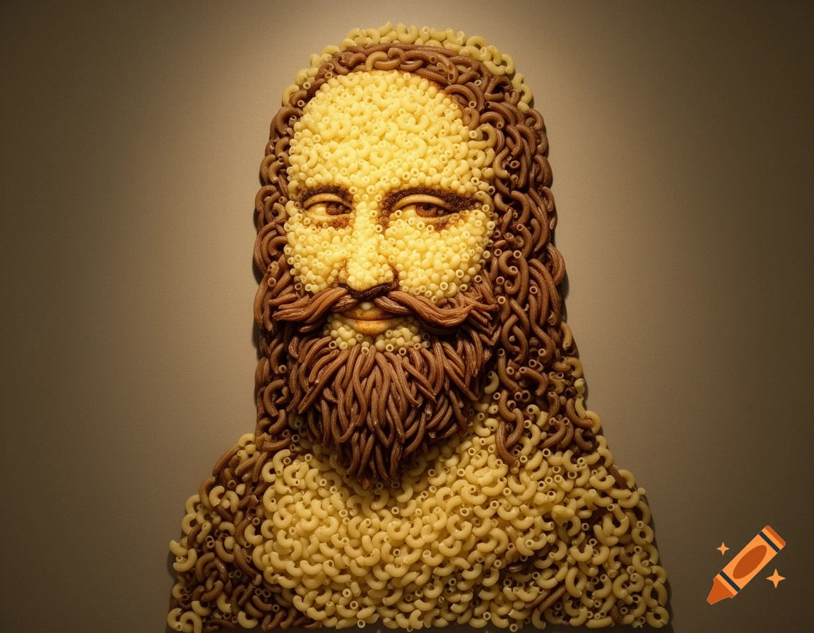 A bust of a bearded figure, inspired by Mona Lisa, intricately made from yellow and brown macaroni pasta.