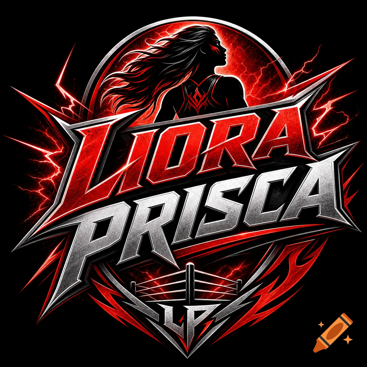 Dynamic red and silver logo for Liora Prisca, featuring a woman's silhouette, text, a wrestling ring, and lightning effects.