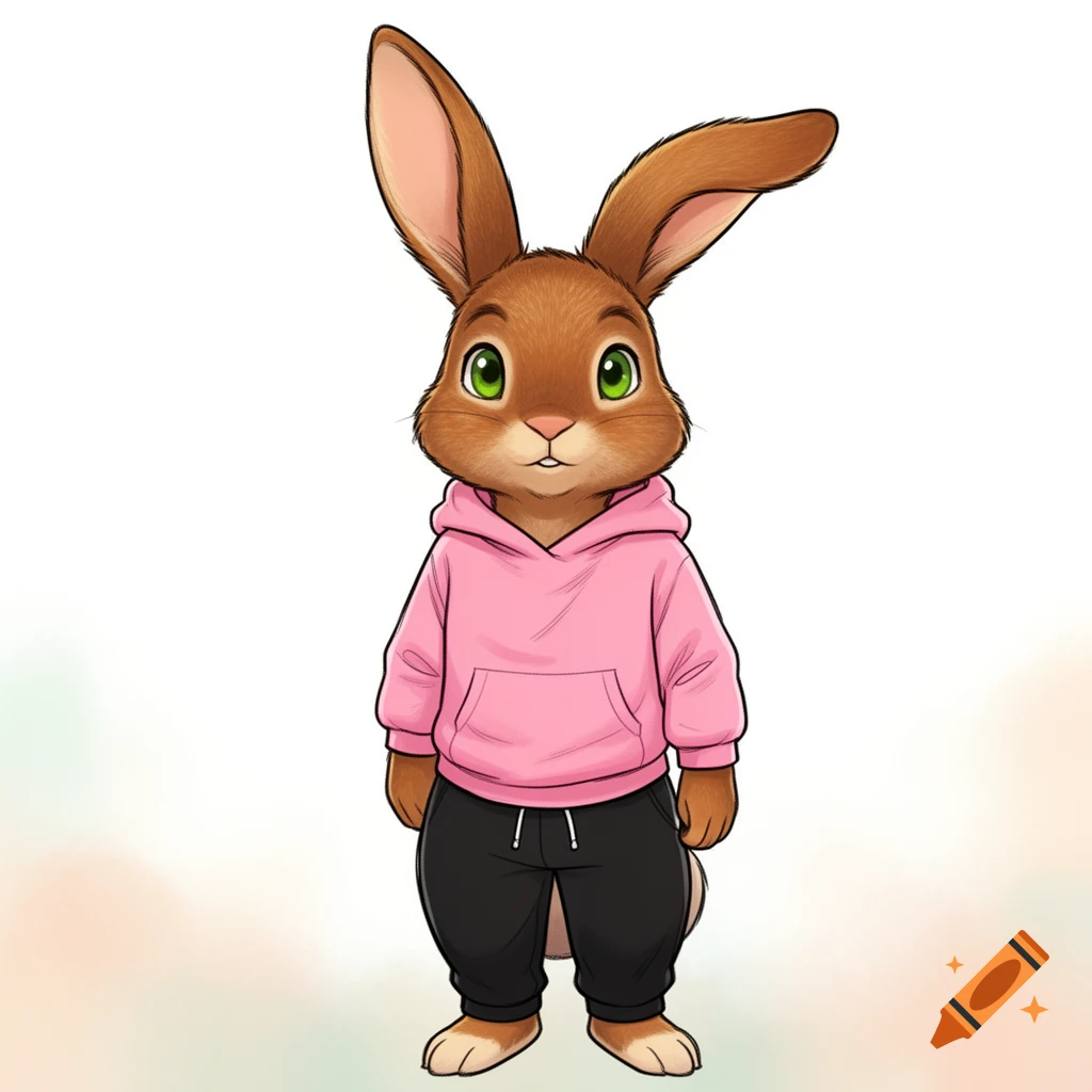 A brown anthropomorphic rabbit with green eyes, one ear up and one flopped, wearing a pink hoodie and black sweatpants in a cartoon style.