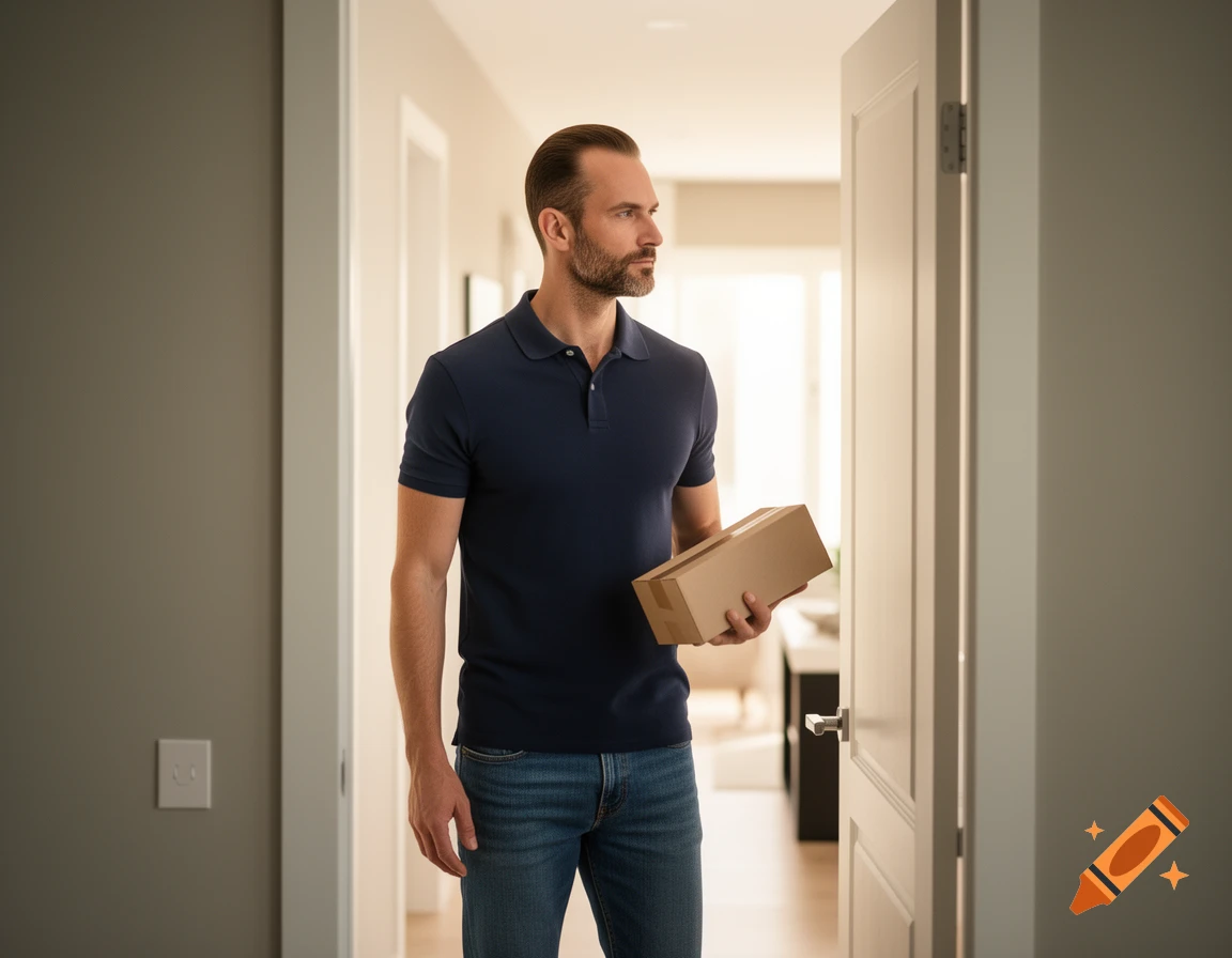 A man with a beard in a polo shirt and jeans stands in a doorway, holding a brown package and looking to the side.