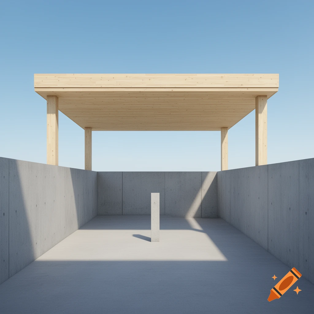 A minimalist architectural scene with a wooden roof structure supported by pillars above a concrete enclosure with a central concrete block, under a clear blue sky.