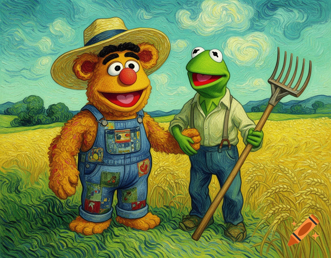 Fozzie Bear and Kermit the Frog as peasant farmers in a wheat field, in the style of a Van Gogh painting.
