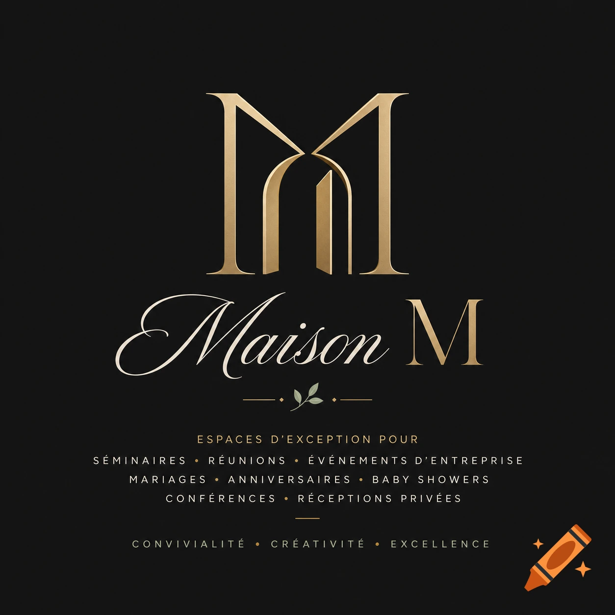 A luxurious logo for Maison M, featuring a golden architectural 'M' monogram above the elegant text 'Maison M' in a mix of script and serif fonts, with a list of event services and values, all on a black background.