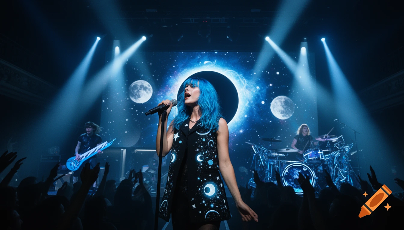 A blue-haired singer performs on stage with a microphone, backed by an eclipse and moon display, under blue spotlights.