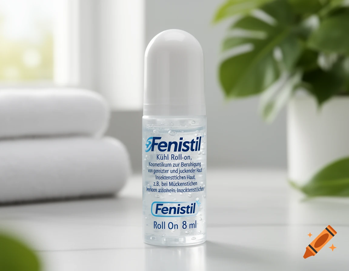 A close-up of a Fenistil Cooling Roll-on for irritated skin and insect bites, standing on a white surface with a plant and towels in the soft-focus background.