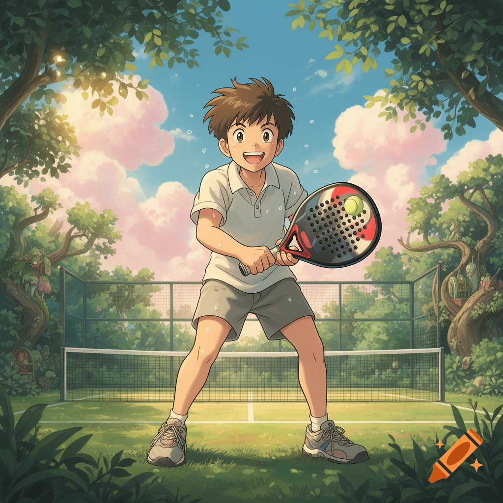 A Ghibli-style illustration of a smiling boy holding a padel racket on a court surrounded by lush trees under a pink and blue sky.