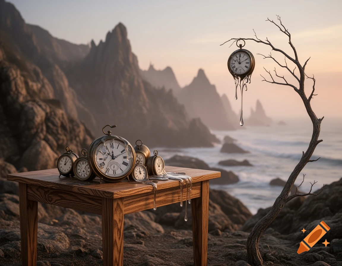 Melting clocks on a wooden table and hanging from a barren tree by a rocky coastline, with the sea in the background.