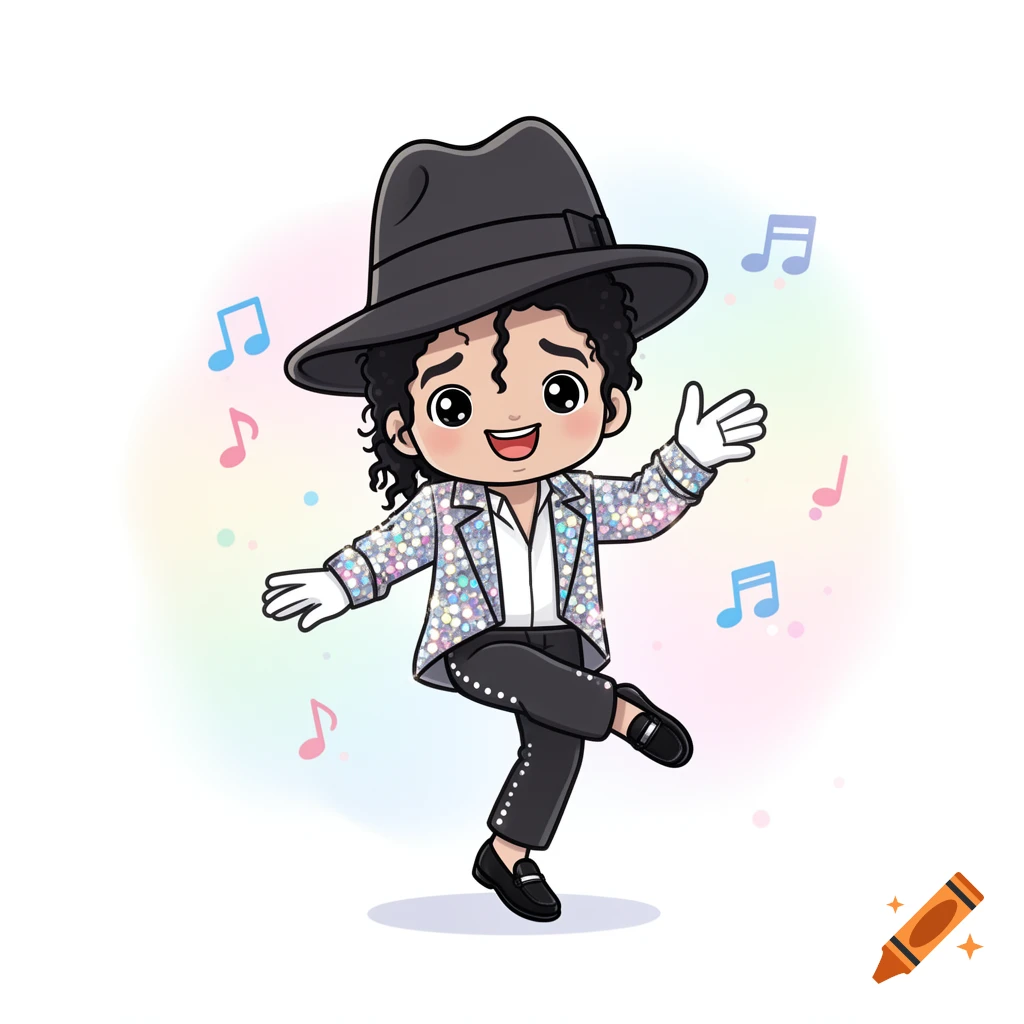 A cute chibi-style cartoon of Michael Jackson in a black hat, sequined jacket, black pants, and white gloves, dancing with musical notes around him.