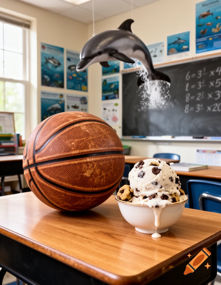 A basketball and a melting bowl of cookie dough ice cream on a wooden desk in a classroom. A dolphin leaps in the background.