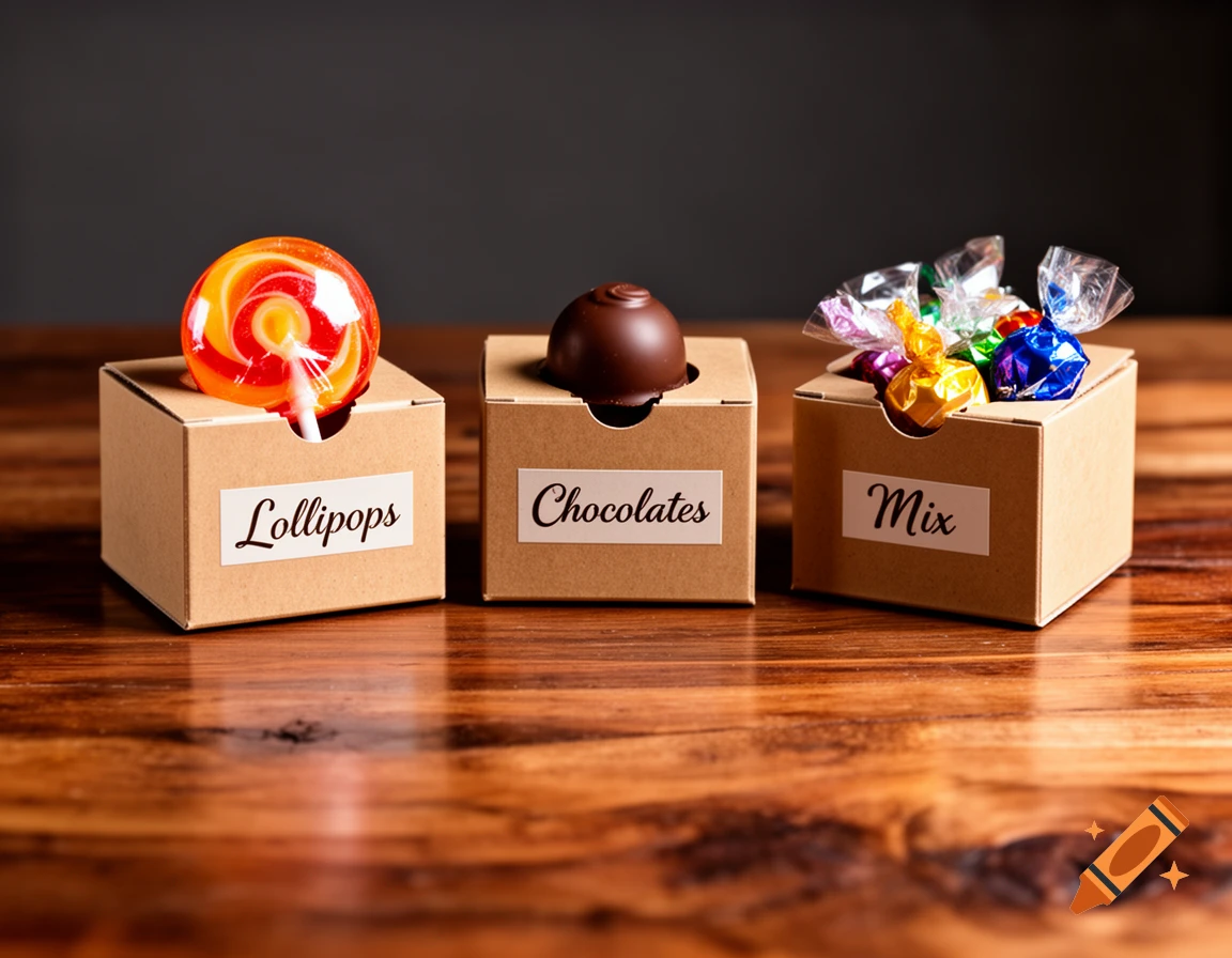 Three labeled cardboard candy boxes with a lollipop, chocolate, and wrapped candies, on a wooden table. Photorealistic.