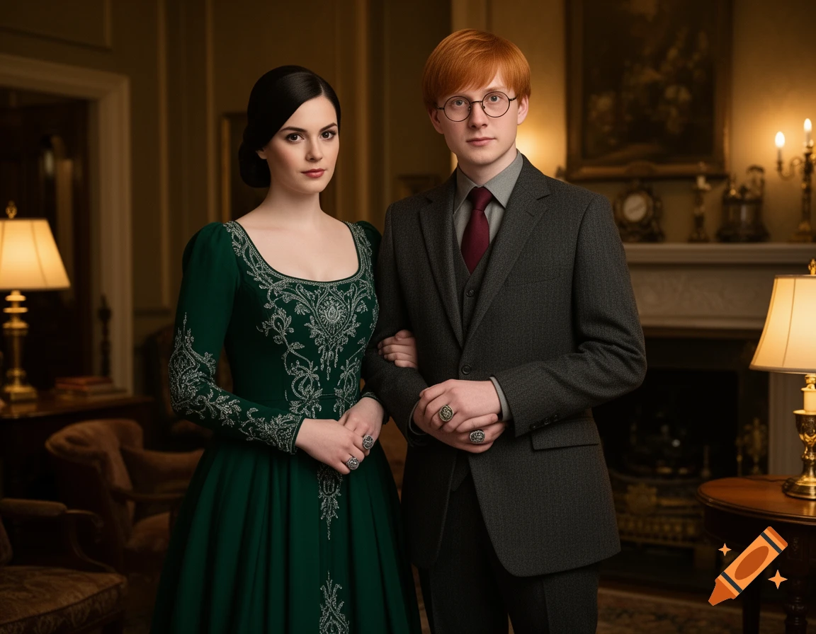 A photorealistic portrait of a dark-haired woman in a green embroidered dress and a red-haired man in a dark suit, standing together in an ornate, dimly lit room.