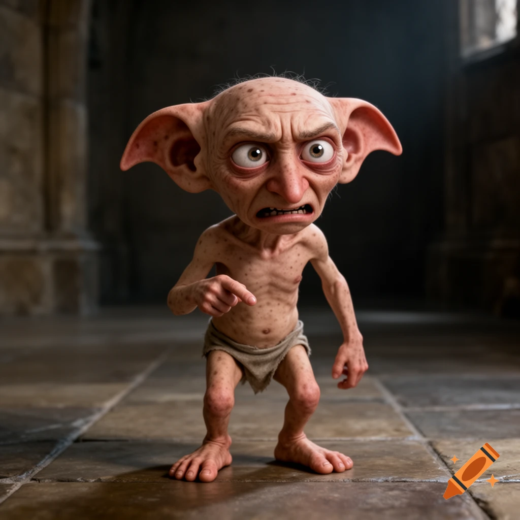 Photorealistic Dobby from Harry Potter standing, pointing, and looking angry in a dimly lit stone corridor.